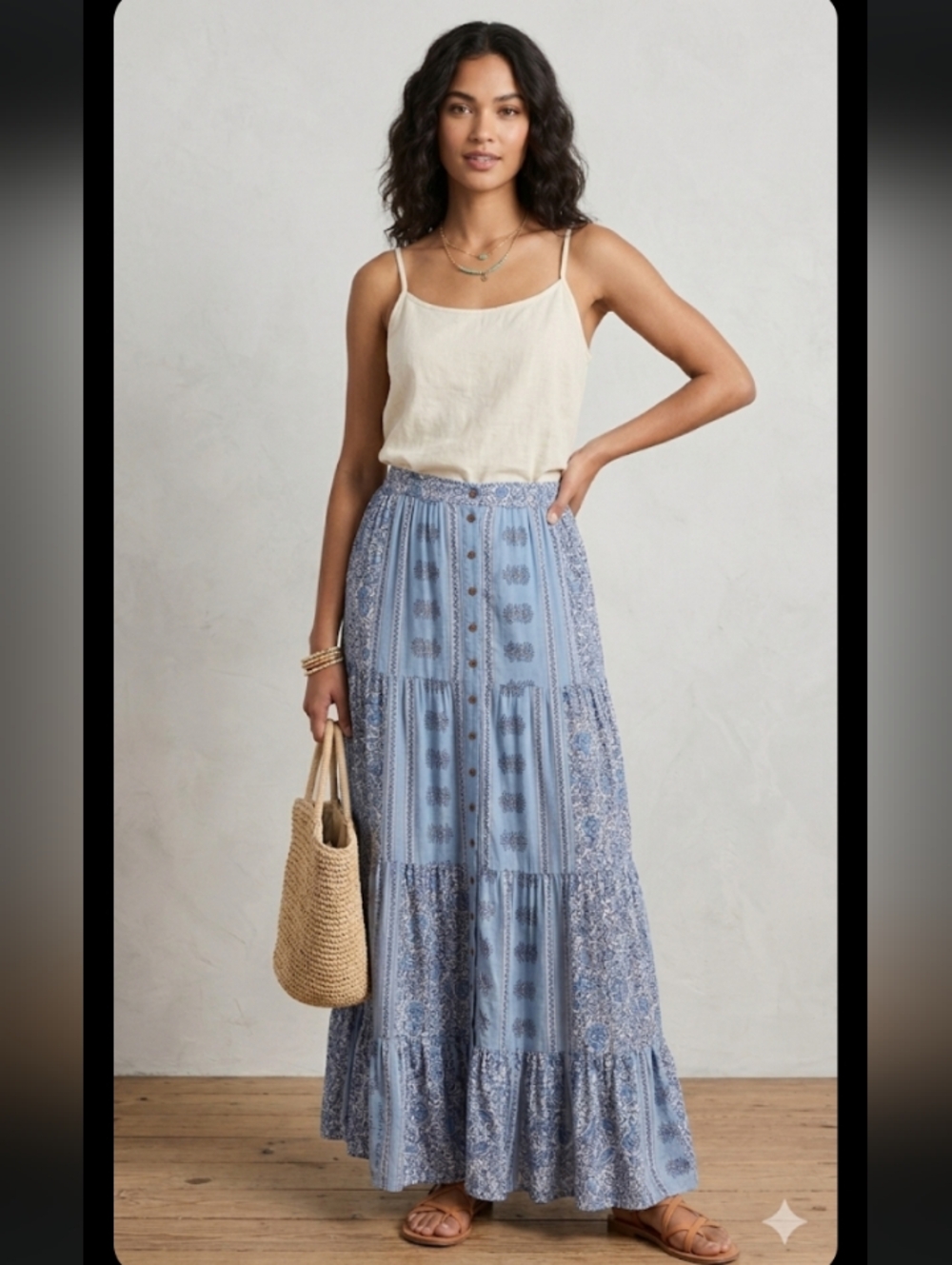 Light Blue Printed Maxi Skirt with Button Front